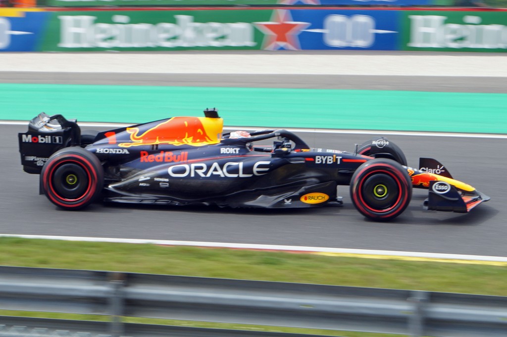 Max Verstappen in Red Bull F1 car at Spa, 2023.